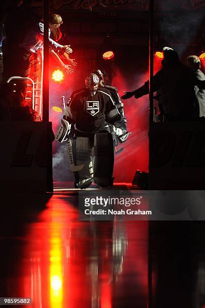 Jonathan Quick of the Los Angeles Kings takes the ice prior to taking on the Vancouver Canucks in Game Three of the Western Conference Quarterfinals...
