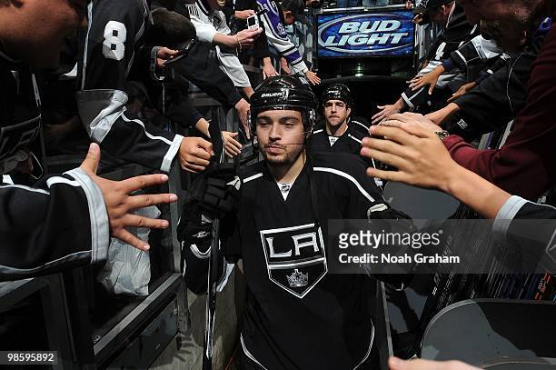 Drew Doughty of the Los Angeles Kings takes the ice to warm up prior to taking on the Vancouver Canucks in Game Three of the Western Conference...