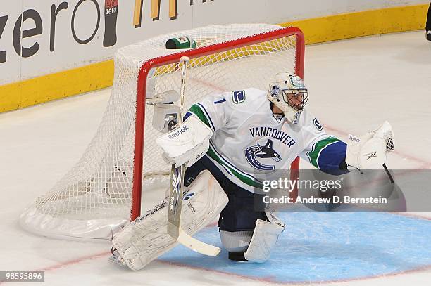 Roberto Luongo of the Vancouver Canucks makes the save against the Los Angeles Kings in Game Three of the Western Conference Quarterfinals during the...