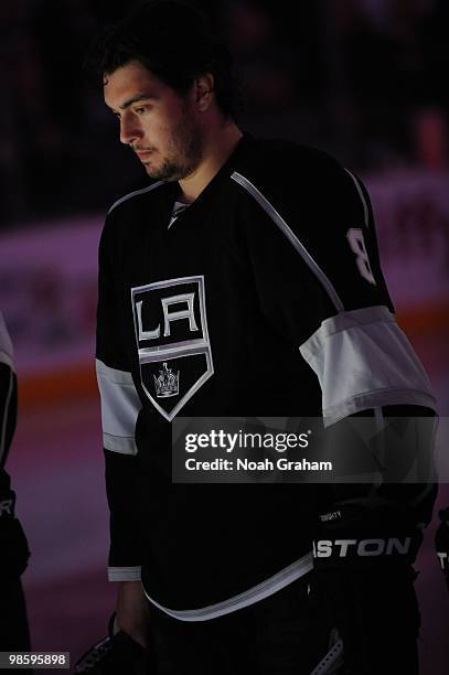 Drew Doughty of the Los Angeles Kings stands on the ice prior to taking on the Vancouver Canucks in Game Three of the Western Conference...