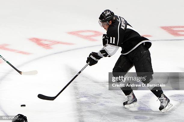 Anze Kopitar of the Los Angeles Kings skates with the puck against the Vancouver Canucks in Game Three of the Western Conference Quarterfinals during...