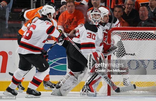 Martin Brodeur of the New Jersey Devils defends against the Philadelphia Flyers in Game Four of the Eastern Conference Quarterfinals during the 2010...