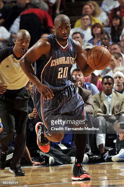 Raymond Felton of the Charlotte Bobcats drives the ball up court against the Orlando Magic in Game One of the Eastern Conference Quarterfinals during...