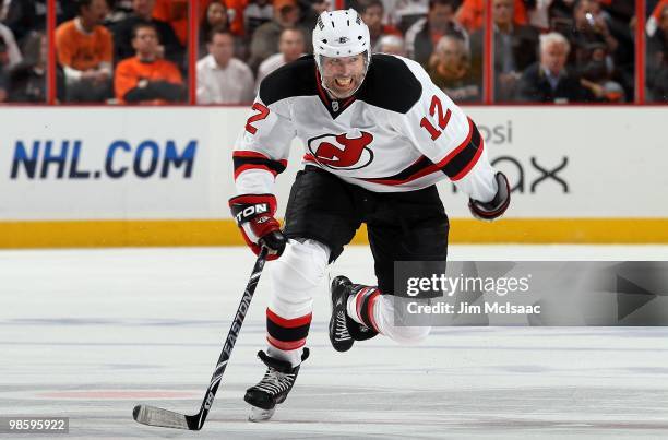 Brian Rolston of the New Jersey Devils skates against the Philadelphia Flyers in Game Four of the Eastern Conference Quarterfinals during the 2010...