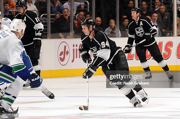 Ryan Smyth of the Los Angeles Kings skates with the puck against the Vancouver Canucks in Game Three of the Western Conference Quarterfinals during...