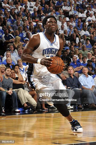 Mickael Pietrus of the Orlando Magic makes a move to the basket against the Charlotte Bobcats in Game One of the Eastern Conference Quarterfinals...