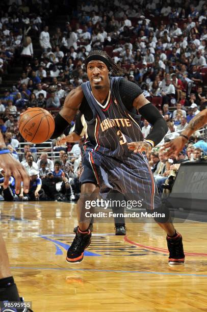 Gerald Wallace of the Charlotte Bobcats drives to the basket in Game One of the Eastern Conference Quarterfinals against the Orlando Magic during the...