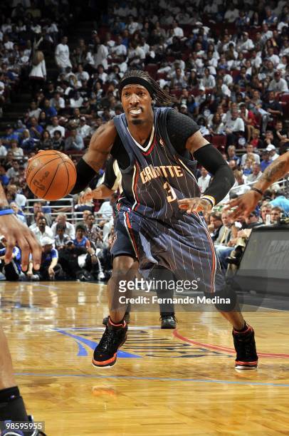 Gerald Wallace of the Charlotte Bobcats drives to the basket in Game One of the Eastern Conference Quarterfinals against the Orlando Magic during the...