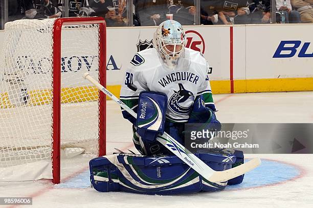 Andrew Raycroft of the Vancouver Canucks makes the save against the Los Angeles Kings in Game Three of the Western Conference Quarterfinals during...