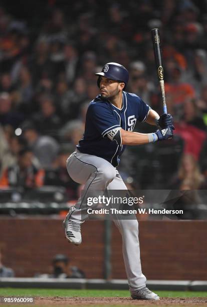 Eric Hosmer of the San Diego Padres bats against the San Francisco Giants in the top of the ninth inning at AT&T Park on June 22, 2018 in San...