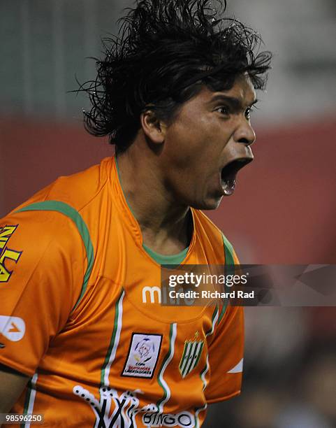 Ruben Ramirez of Banfield celebrates scored goal during a match against Deportivo Cuenca as part of the 2010 Libertadores Cup at Florencio Sola...