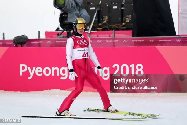 Eric Frenzel from Germany in the runout after his jump during the Nordic combined event in the Alpensia Ski Jump Centre in Pyeongchang, South Korea,...