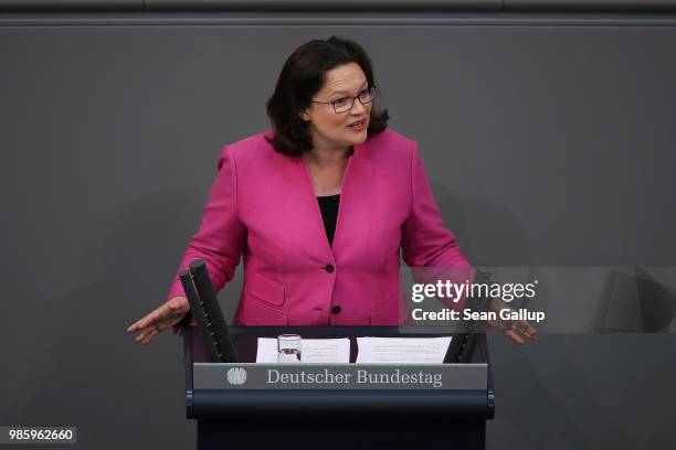 Andrea Nahles, head of the Bundestag faction of the German Social Democrats , speaks during debates after German Chancellor Angela Merkel gave a...