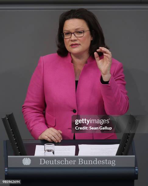 Andrea Nahles, head of the Bundestag faction of the German Social Democrats , speaks during debates after German Chancellor Angela Merkel gave a...