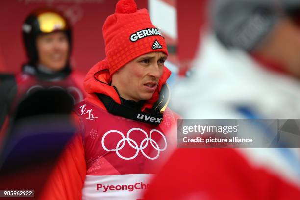 Eric Frenzel from Germany after his jump during the Nordic combined event in the Alpensia Ski Jump Centre in Pyeongchang, South Korea, 14 February...