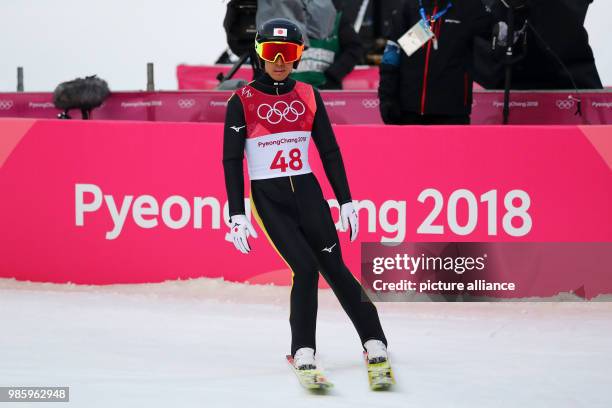 Akito Watabe from Japan after his jump during the Nordic combined event in the Alpensia Ski Jump Centre in Pyeongchang, South Korea, 14 February...