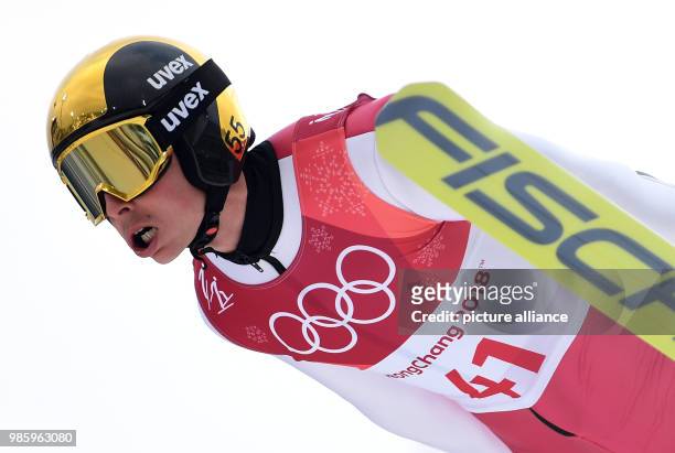 Eric Frenzel from Germany jumping during the Nordic combined event in the Alpensia Ski Jump Centre in Pyeongchang, South Korea, 14 February 2018....