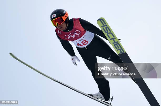 Akito Watabe from Japan jumping during the Nordic combined event in the Alpensia Ski Jump Centre in Pyeongchang, South Korea, 14 February 2018....