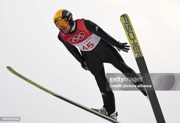 Fabian Riessle from Germany jumping during the Nordic combined event in the Alpensia Ski Jump Centre in Pyeongchang, South Korea, 14 February 2018....