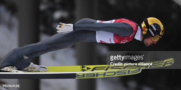 Johannes Rydzek from Germany jumping during the Nordic combined event in the Alpensia Ski Jump Centre in Pyeongchang, South Korea, 14 February 2018....