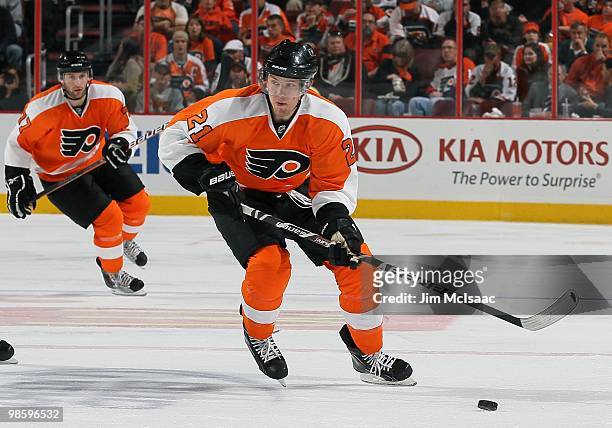 James van Riemsdyk of the Philadelphia Flyers skates against the New Jersey Devils in Game Four of the Eastern Conference Quarterfinals during the...
