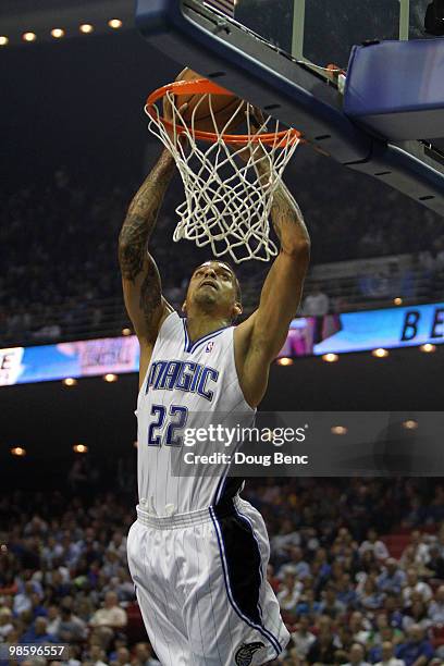 Matt Barnes of the Orlando Magic dunks against the Charlotte Bobcats in Game Two of the Eastern Conference Quarterfinals during the 2010 NBA Playoffs...
