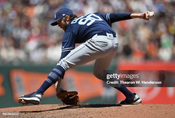 Adam Cimber of the San Diego Padres pitches against the San Francisco Giants in the bottom of the six inning at AT&T Park on June 23, 2018 in San...