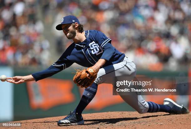 Adam Cimber of the San Diego Padres pitches against the San Francisco Giants in the bottom of the six inning at AT&T Park on June 23, 2018 in San...