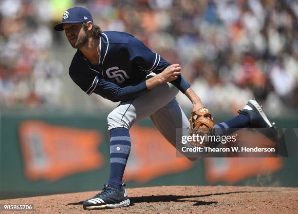 Adam Cimber of the San Diego Padres pitches against the San Francisco Giants in the bottom of the six inning at AT&T Park on June 23, 2018 in San...