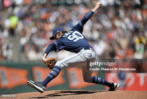 Adam Cimber of the San Diego Padres pitches against the San Francisco Giants in the bottom of the six inning at AT&T Park on June 23, 2018 in San...