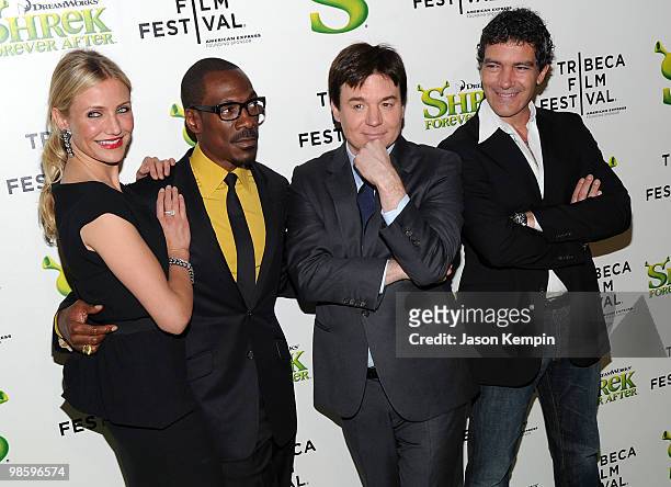 Actors Cameron Diaz, Antonio Banderas, Eddie Murphy and Mike Myers attend the 2010 Tribeca Film Festival opening night premiere of "Shrek Forever...