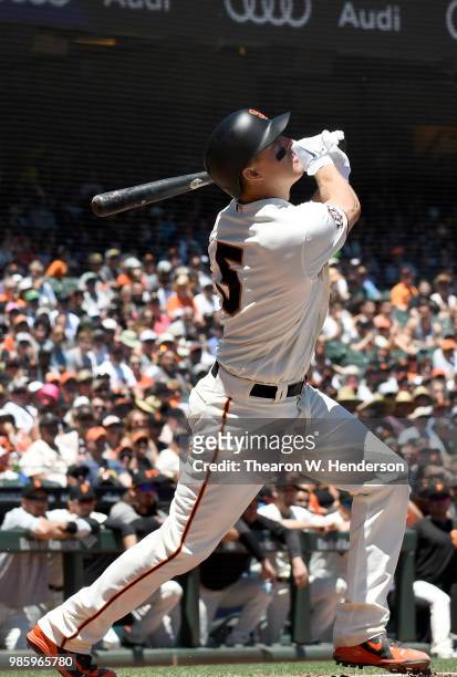 Nick Hundley of the San Francisco Giants bats against the San Francisco Giants in the bottom of the second inning at AT&T Park on June 23, 2018 in...