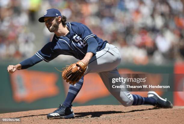 Adam Cimber of the San Diego Padres pitches against the San Francisco Giants in the bottom of the six inning at AT&T Park on June 23, 2018 in San...