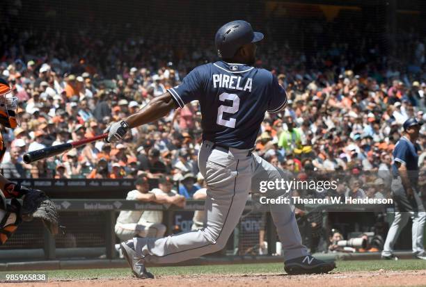 Jose Pirela of the San Diego Padres bats against the San Francisco Giants in the top of the six inning at AT&T Park on June 23, 2018 in San...