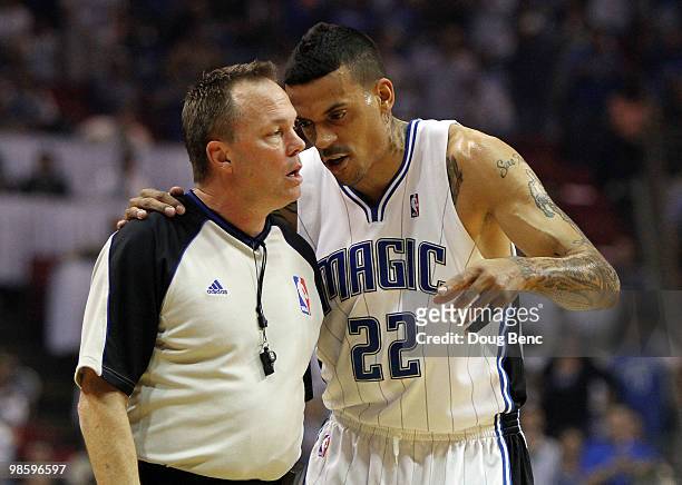 Matt Barnes of the Orlando Magic talks with official Bill Spooner after being called for a foul against the Charlotte Bobcats in Game Two of the...