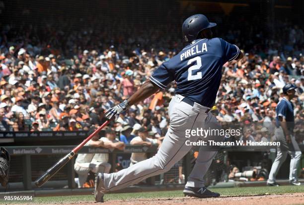 Jose Pirela of the San Diego Padres bats against the San Francisco Giants in the top of the six inning at AT&T Park on June 23, 2018 in San...