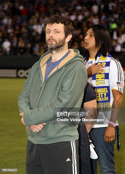 Actor Michael Sheen looks on prior to the MLS match between Real Salt Lake and the Los Angeles Galaxy at the Home Depot Center on April 17, 2010 in...