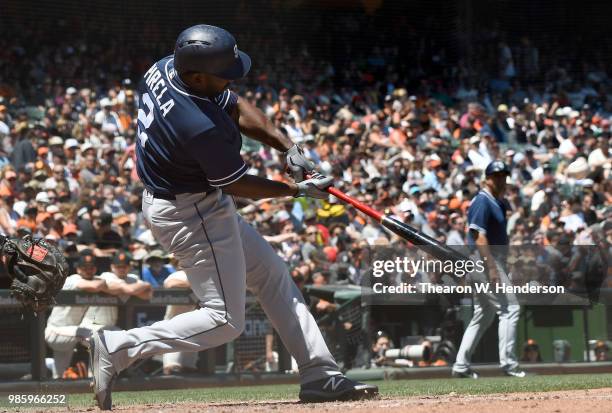 Jose Pirela of the San Diego Padres bats against the San Francisco Giants in the top of the six inning at AT&T Park on June 23, 2018 in San...