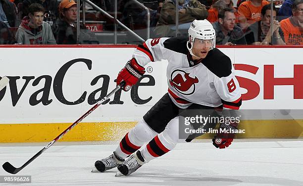 Dainius Zubrus of the New Jersey Devils skates against of the Philadelphia Flyers in Game Four of the Eastern Conference Quarterfinals during the...