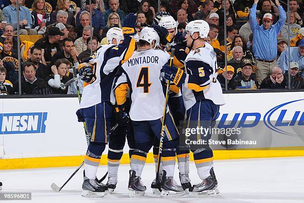 The Buffalo Sabres celebrate a goal against the Boston Bruins in Game Four of the Eastern Conference Quarterfinals during the 2010 NHL Stanley Cup...