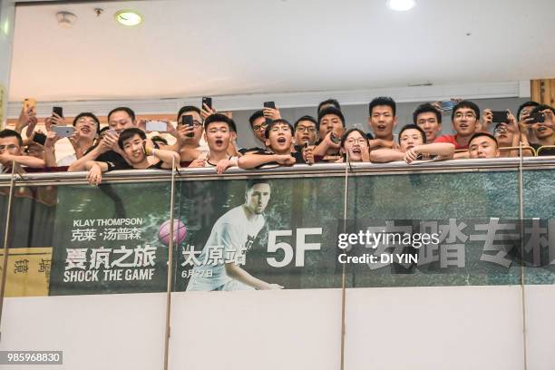 Fans are waiting for NBA player Klay Thompson of the Golden State Warriors in a shopping mall on June 27, 2018 in Taiyuan, China.