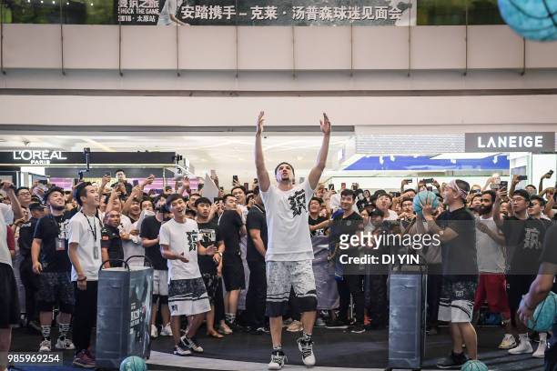 Player Klay Thompson of the Golden State Warriors is welcome by fans in a shopping mall on June 27, 2018 in Taiyuan, China.
