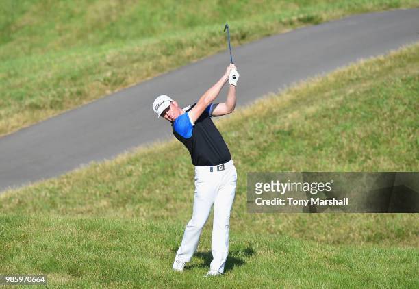 Andrew Dodt of Scotland plays his second shot on the 10th fairway during Day One of the HNA Open de France at Le Golf National on June 28, 2018 in...