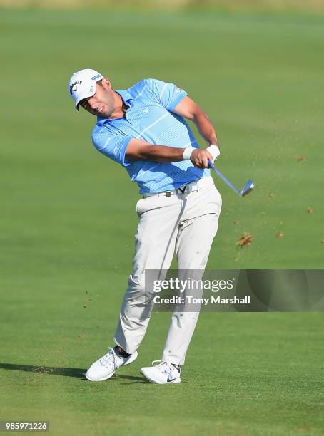 Pablo Larrazabal of Spain plays his second shot on the 10th fairway during Day One of the HNA Open de France at Le Golf National on June 28, 2018 in...