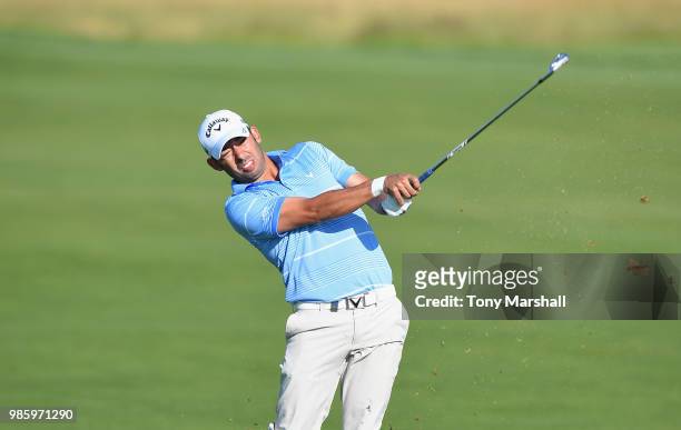 Pablo Larrazabal of Spain plays his second shot on the 10th fairway during Day One of the HNA Open de France at Le Golf National on June 28, 2018 in...
