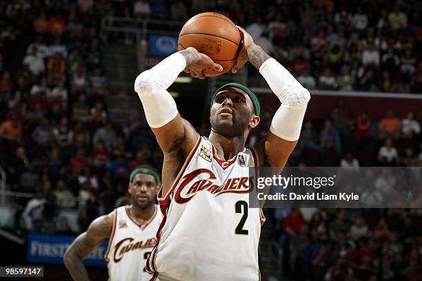 Mo Williams of the Cleveland Cavaliers shoots a free throw during the game against the Atlanta Hawks at Quicken Loans Arena on April 02, 2010 in...
