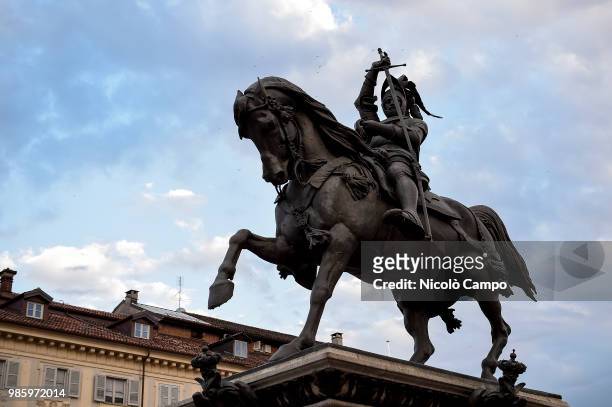 Equestrian monument of Emmanuel Philibert in Piazza San Carlo is pictured in the evening.