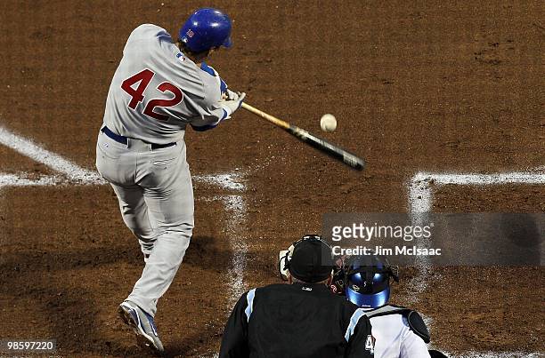 Geovany Soto of the Chicago Cubs bats against the New York Mets on April 19, 2010 at Citi Field in the Flushing neighborhood of the Queens borough of...