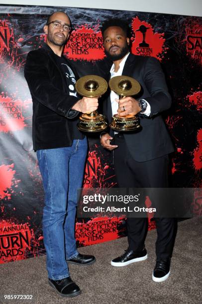 Nate Moore and Ryan Coogler pose in the press room at the Academy Of Science Fiction, Fantasy & Horror Films' 44th Annual Saturn Awards at The...