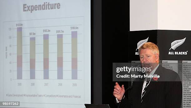 Steve Tew CEO of the New Zealand Rugby Union speaks to delegates during the New Zealand Rugby Union AGM at the NZRU HQ on April 22, 2010 in...